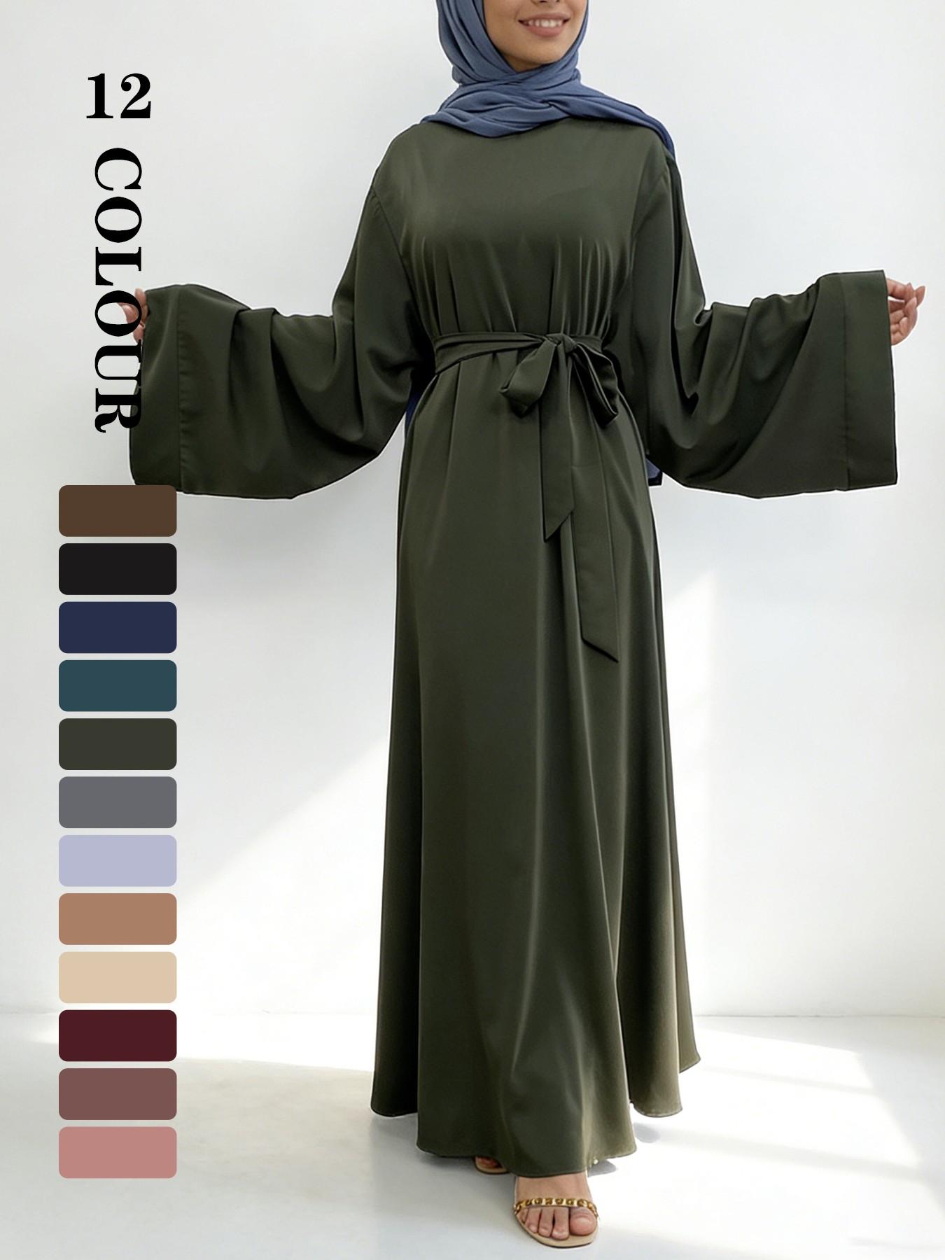 Muslim Modest Fashion Simple Nida High-Quality Long Sleeve Wide Sleeve Dress with Waist Belt, No Hijab Included, 12 Colors, 5 Sizes Available EID Ramadan Dress, Muslim Evening Dress