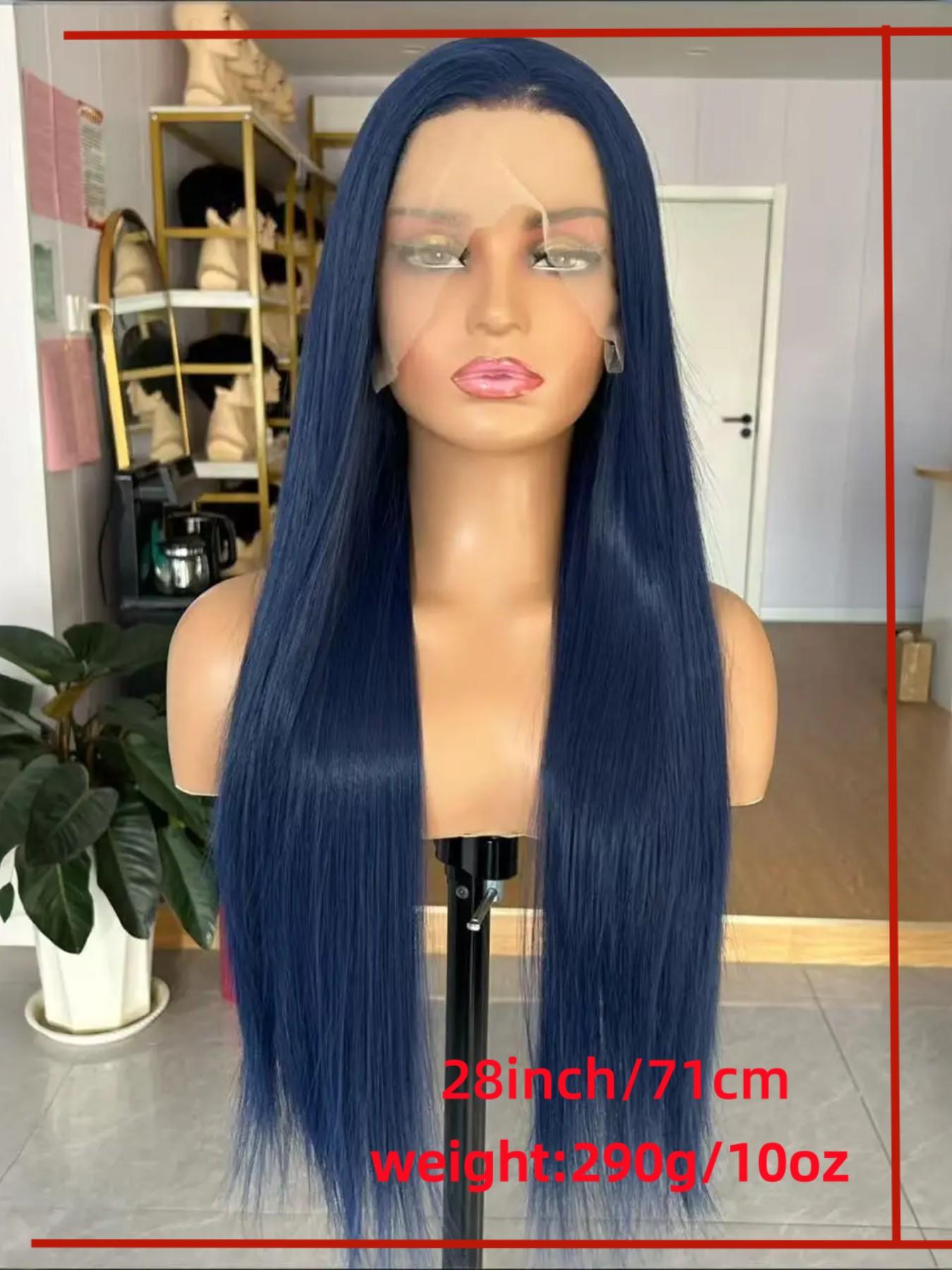 28-Inch Deep Blue Straight Wig for Women, Soft Lace Front, 180% Density, Pre-Plucked, No Glue, Heat Resistant, Daily Use