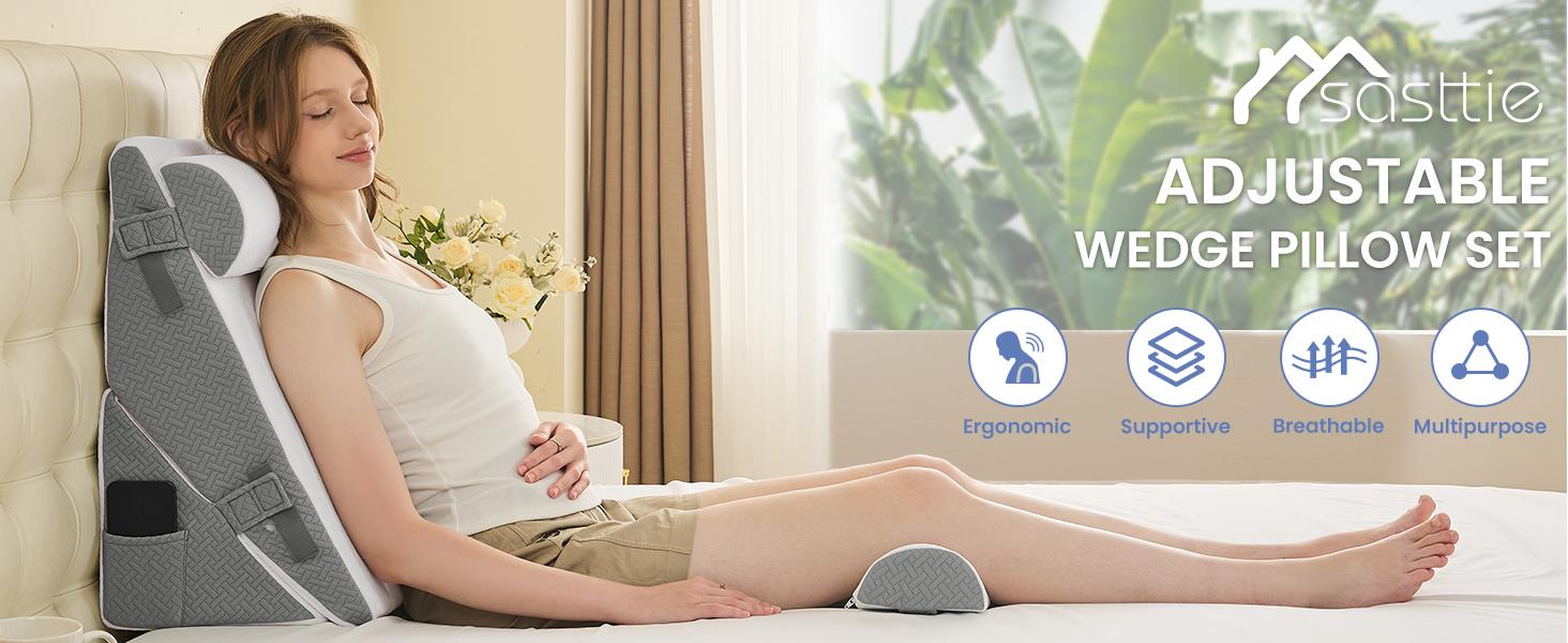 Sasttie Supportive 2PCS Adjustable Size Bed Wedge Pillow Set with Memory Foam Neck Rest Cushion - Post-Surgery, Acid Reflux, Sleeping Use, Dark Grey & White