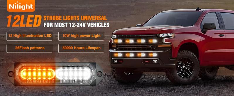 Nilight 8PCS Led Strobe lights 12LED Amber White Light 12V 24V Surface Mount Flashing Warning Hazard Beacon Lights Ultra Slim Sync Feature Mini Grille for Cars Trucks Off Road Vehicles SUV