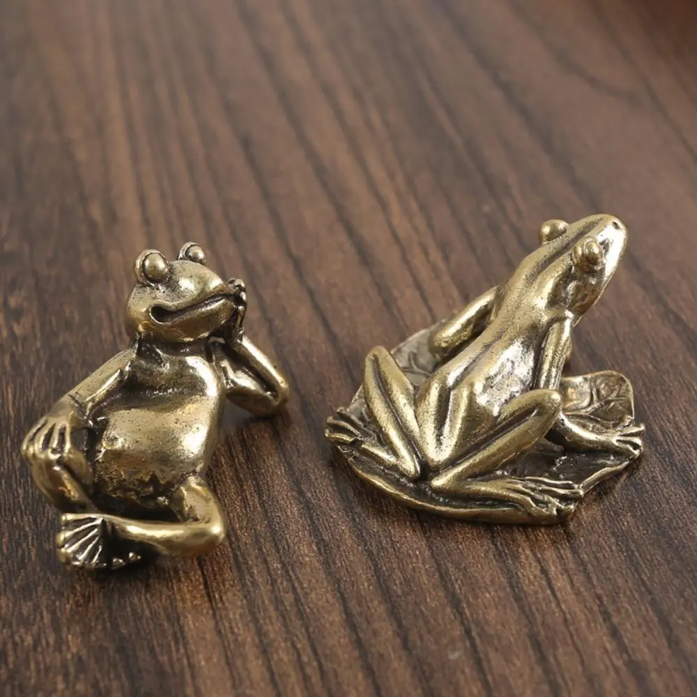 Antique Sleeping Frog Ornament, Solid Brass Mini Figurine for Zen Desktop Decor, Tea Pet Gift for Tea Table & Office, Shelf, Room, Traditional, Tea Time