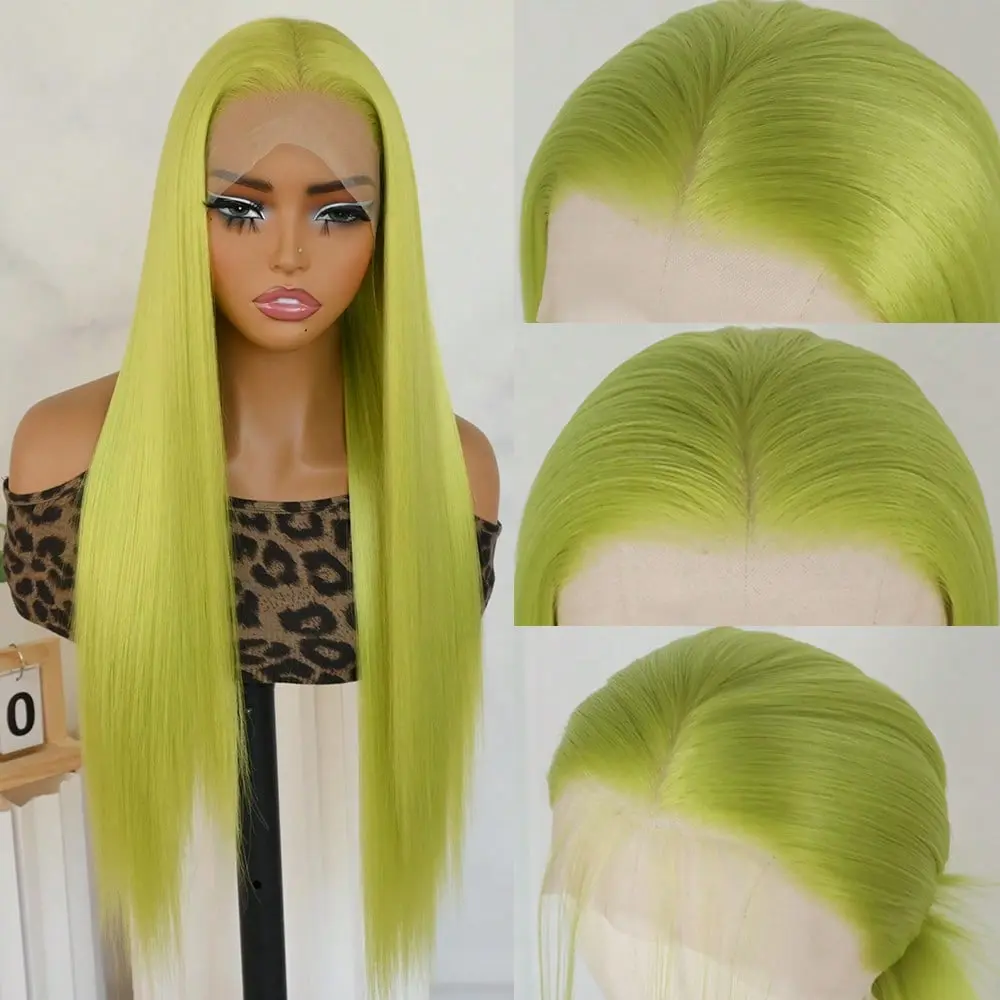 Women's 13x4 Free Part Green Synthetic Lace Front Wig - 28 in, 180% Density, Glueless, Pre Plucked Natural Hairline, Heat Resistant Silky Straight Soft Fiber Daily Party Replacement Wig