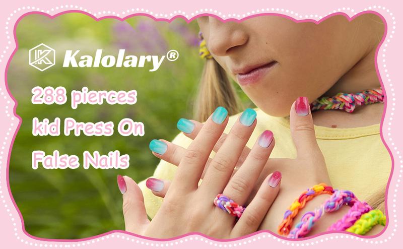 288PCS kids False Nail, Press on Pre-glue Full Cover Candy Pattern Short False Nail Kits with 48PCS Nail Adhesive Tabs, Valentine's Day Lovely Gift for Kids Little Girls Nail Art Decoration