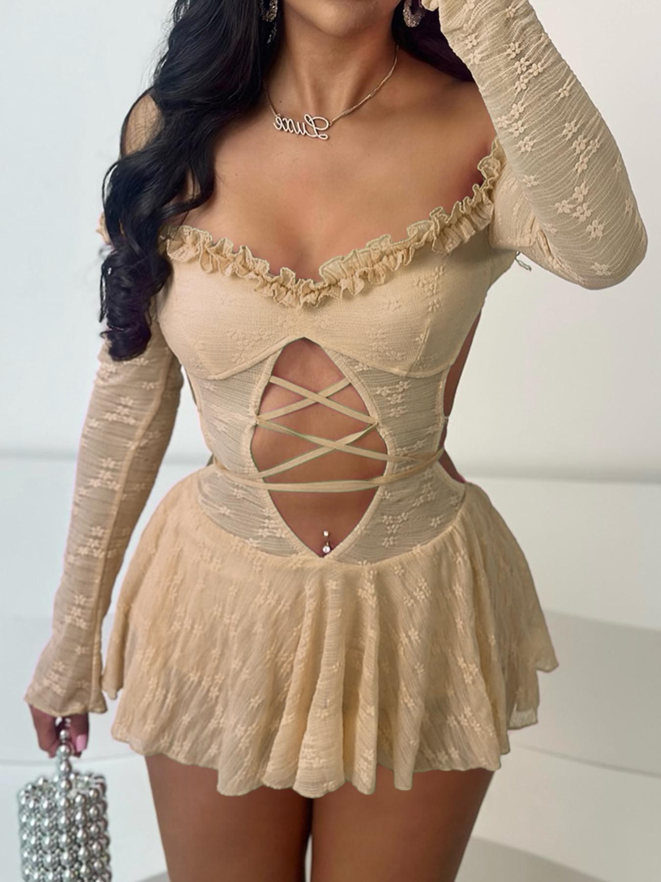 Women's Contrast Mesh Sheer Backless Off Shoulder Cut Out Bodysuit, Sexy Fashion Frill Trim Tie Back Long Sleeve Bodysuit for Nightclub Music Festival, Women's Clothes for Spring & Fall