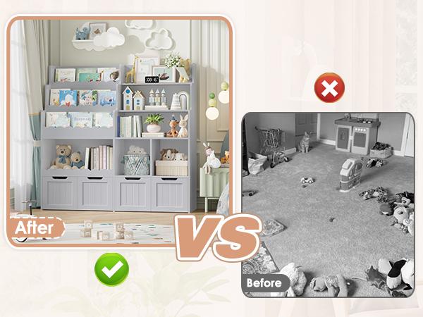 FOTOSOK Kids Bookshelf, Toy Storage Organizer, Large Toy Organizer with 4 Movable Drawers and 3 Storage Cubbies, Book Shelf for Kids Room