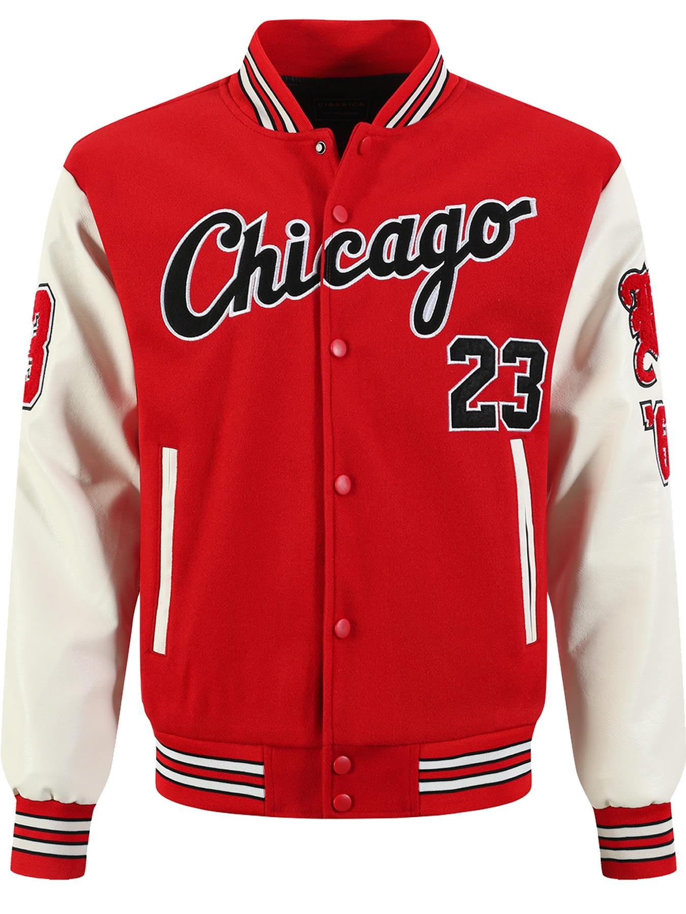 Men's red #23 Number Baseball Jacket, Loose Casual Fashion High-End Embroidered Button-Up, Patchwork white PU Long Sleeve College Style Coat, Street Fashion Outerwear