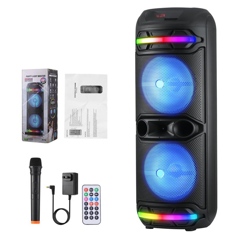 Powerful Bluetooth Party Speaker Dual 12" Woofer Portable Rechargeable Stereo Wireless Speaker With LED Lights FM Radio Wireless Microphone Karaoke Machine Audio