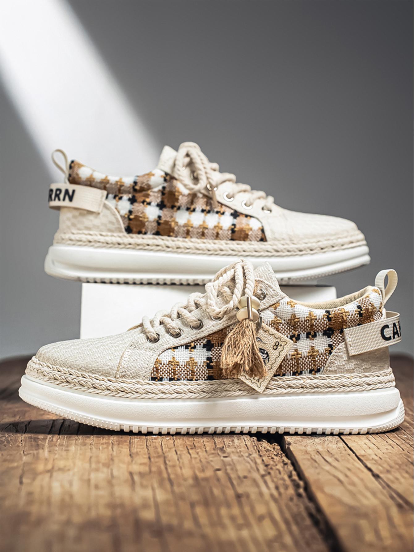 Summer New Men's Retro Plaid Laces, Braided Rope Shoelace Design, Easy-On-Off Hemp Laces, Commuter & Casual Shoes, Versatile Footwear