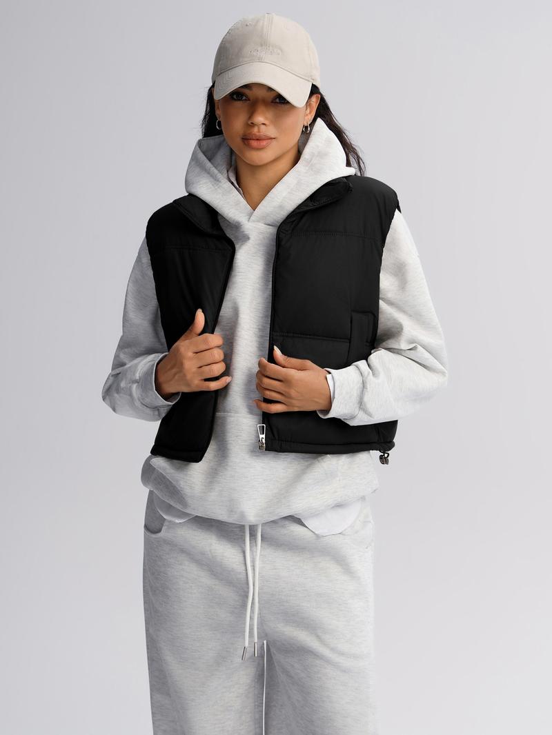 Women's Short Winter Warm Down Cotton Vest, Stand Collar Zip Design, Loose Fit Casual Fashion, Sporty Daily Wear