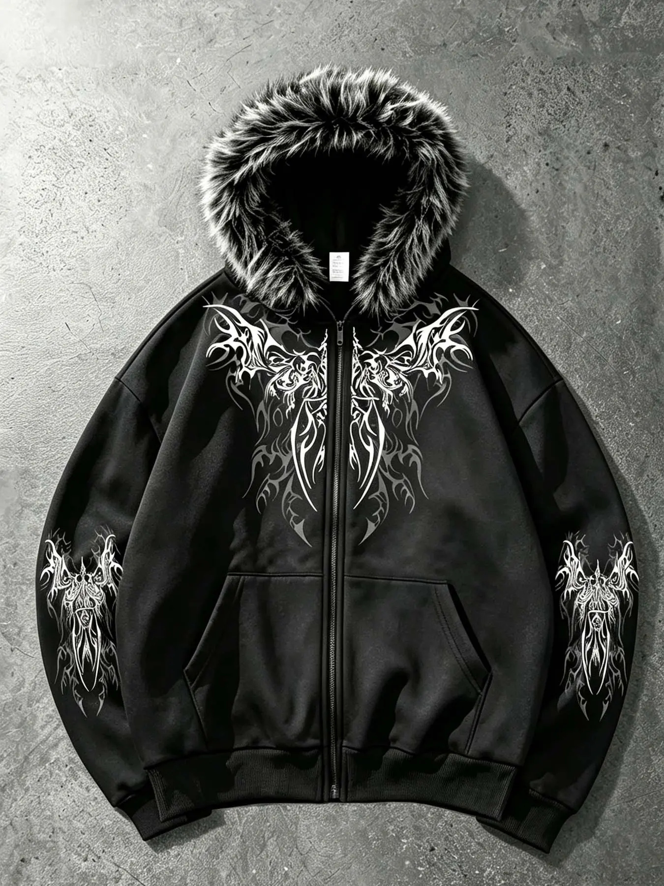 Men's Faux Fur Collar Zipper Hoodie Jacket, Loose Fit Casual Gothic Print Street Style Coat, Y2K Dark Tone Outerwear for Fall Winter