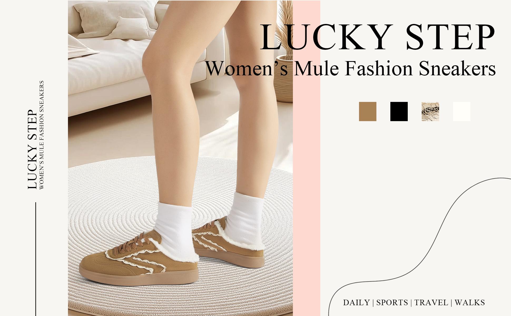 LUCKY STEP Women's Mule Fashion Sneakers Slip On Backless Walking Shoes Winter Retro Comfy Casual Suede PU Material Soft Lining Non-slip Outsole