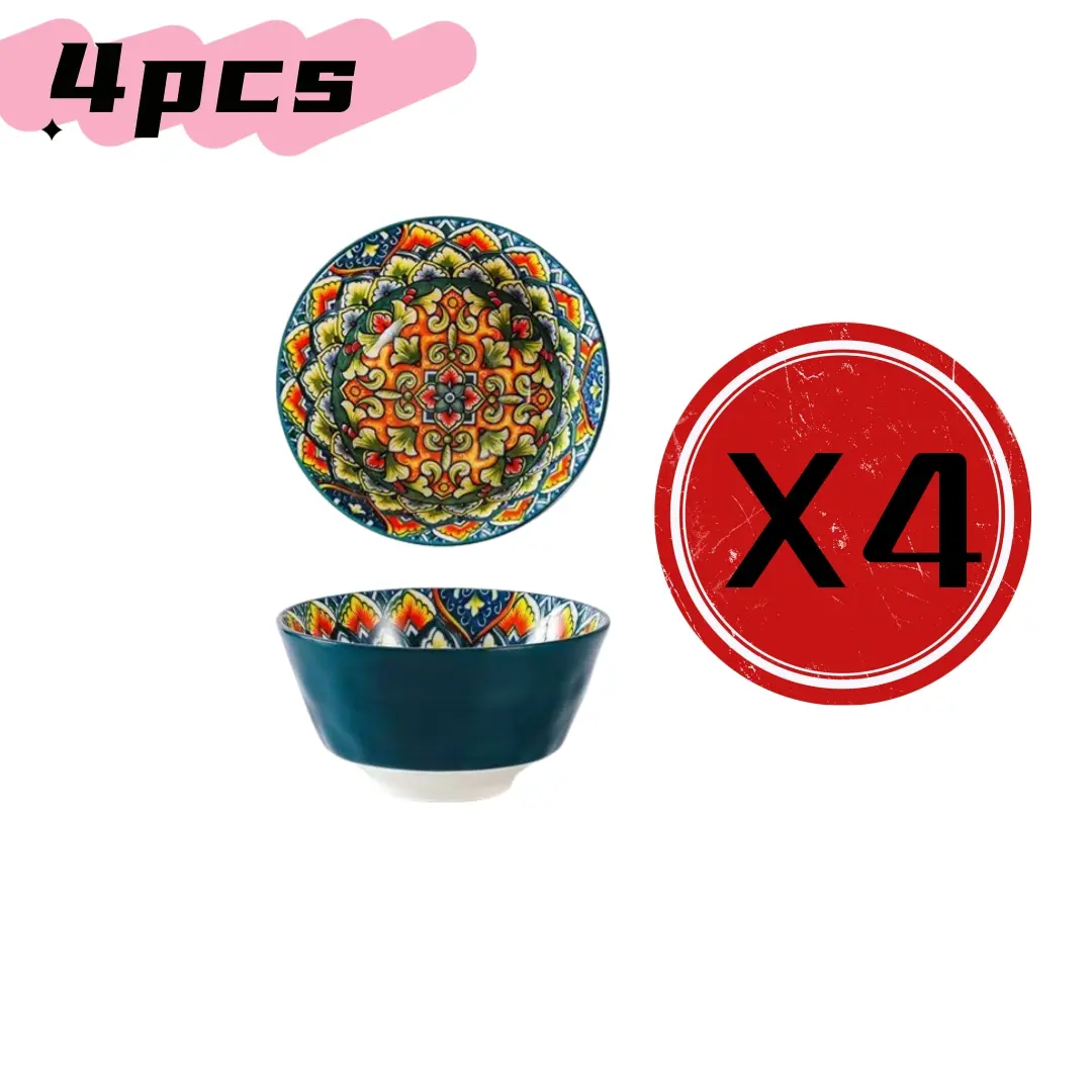 4-Piece Bohemian Ceramic Tableware Set, Hand-Drawn Ethnic Style Bowls and Plates, Creative Home Dining Essentials, Ceramic Dinnerware Sets, Non-Bone China