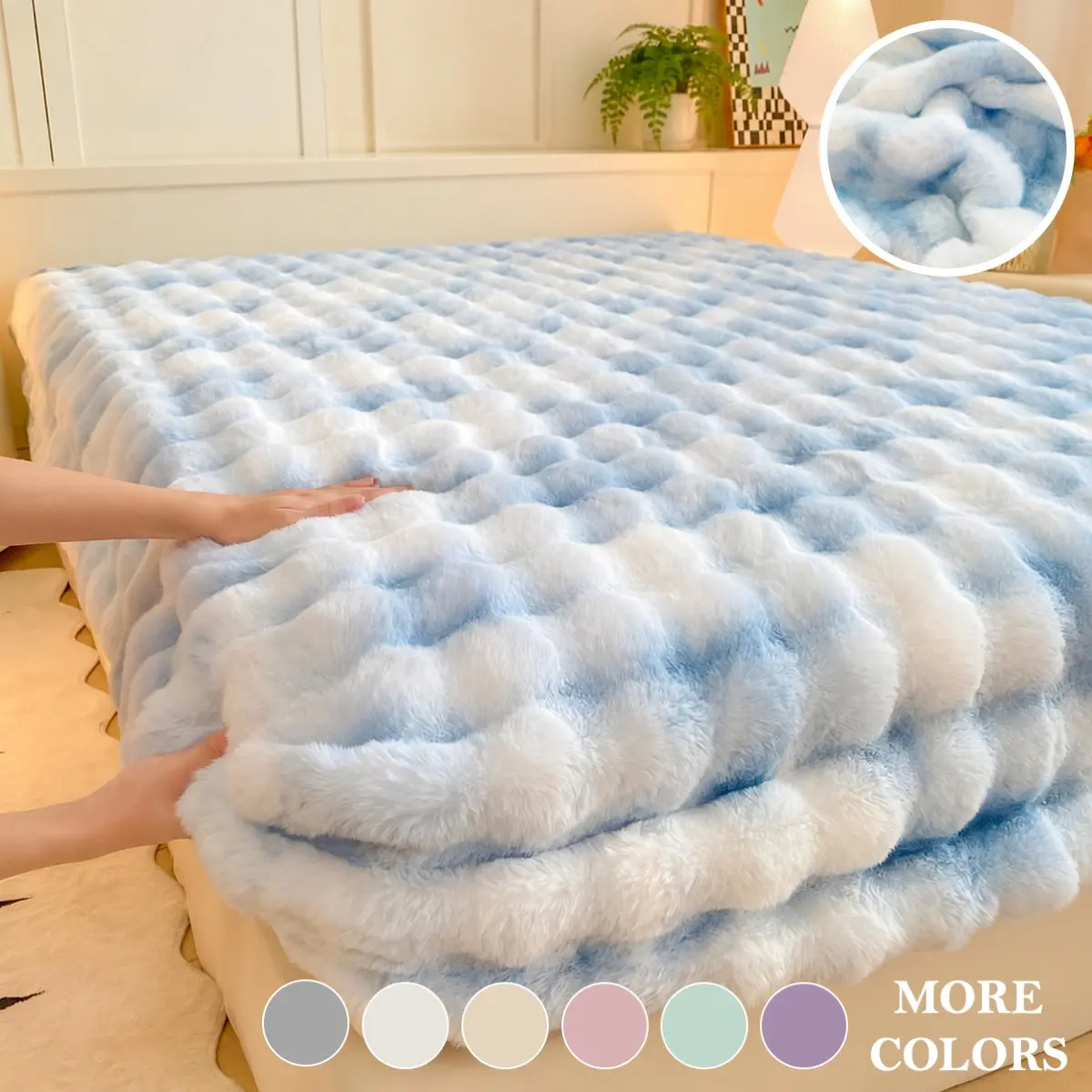 1PC Ultra-Soft Solid Color Faux Rabbit Fur Plush Bed Cover, Machine Washable with Elastic Band, Warm Light Beige, Fade-Resistant, Fitted Plush Bed Coverlet for Bedroom & Guest Room, Soft Cozy Bedding