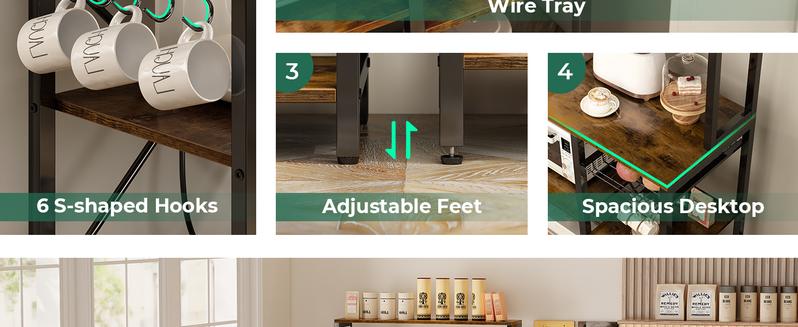 SUPERJARE Bakers Rack with Power Outlet, 35.4 Inches Coffee Bar with Wire Basket, Kitchen Microwave Stand with 6 S-Shaped Hooks, Open Storage Shelves