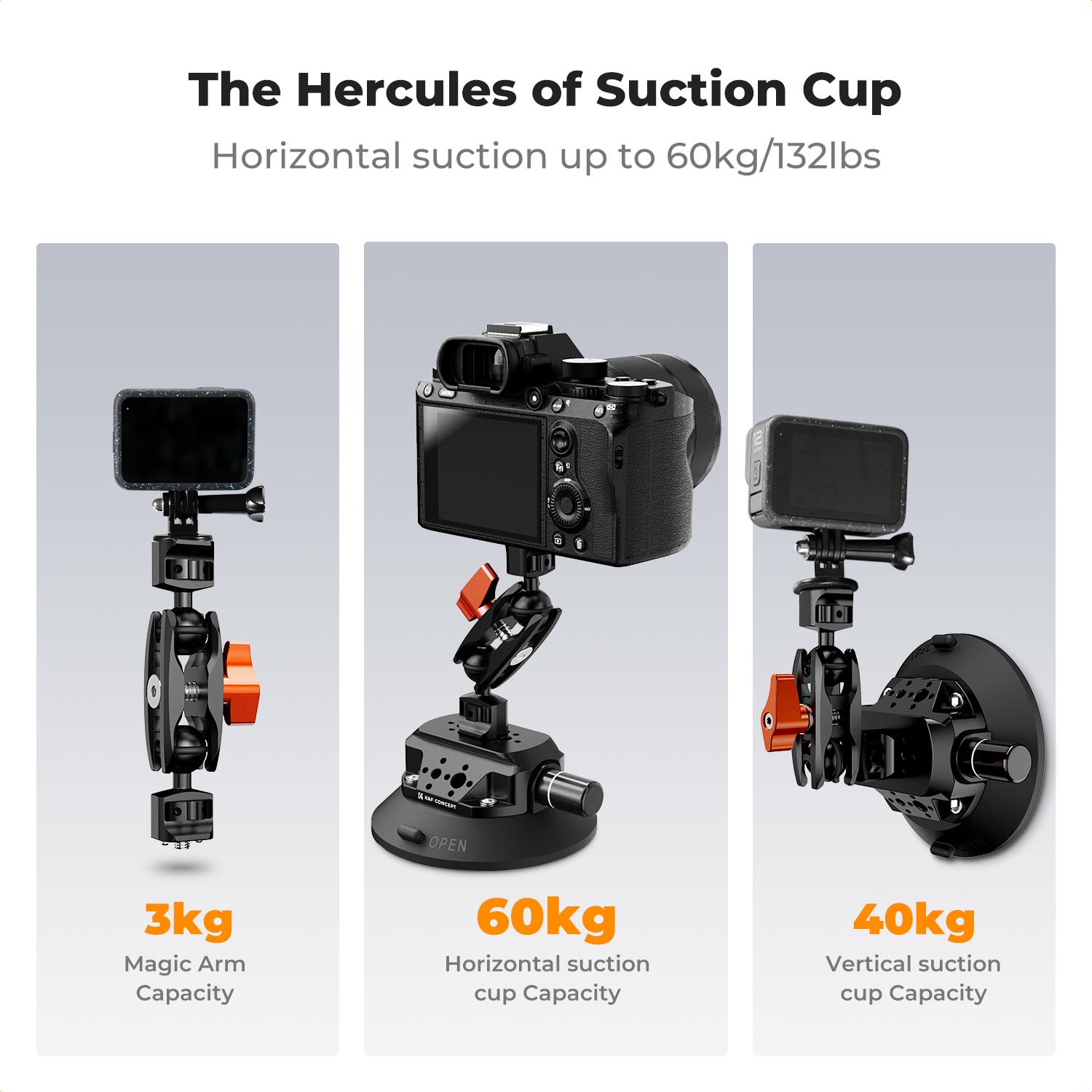 【K&F CONCEPT】4.5" Suction Cup Camera Mount with Magic Arm, ARRI Style 1/4" 3/8" Threads, Quick Release Car Mount Compatible with Gopro DJI Insta360 for DSLR Action Camera Phone Video Shooting