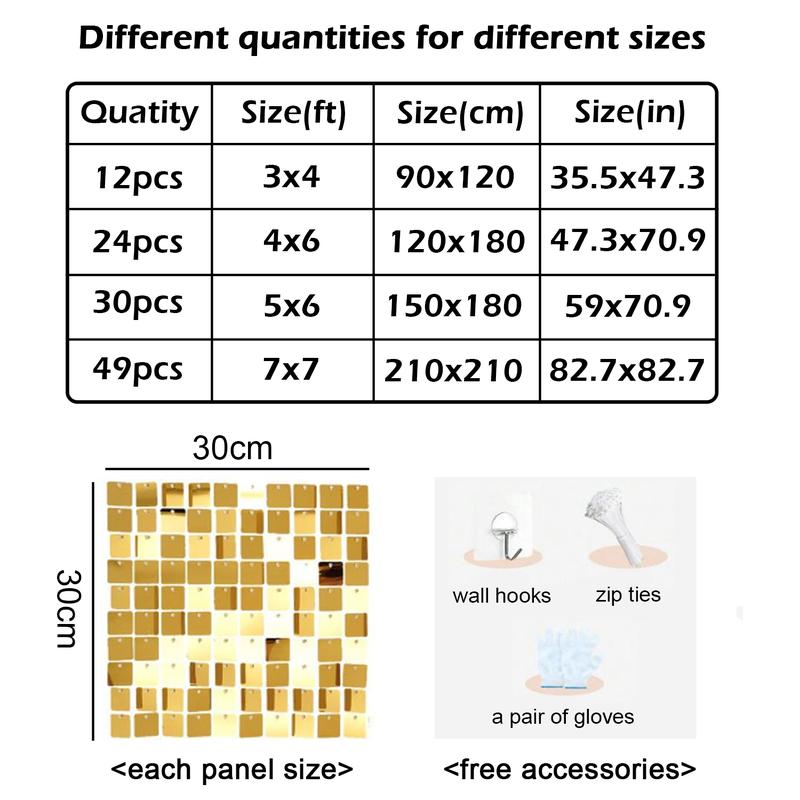 24/30/36/49pcs Large Shimmer Wall Backdrop Gold Square Glitter Panels DIY Wedding Anniversary Birthday Party Backdrop Decoration Photo Props Led Banners with Sequins and Ornaments