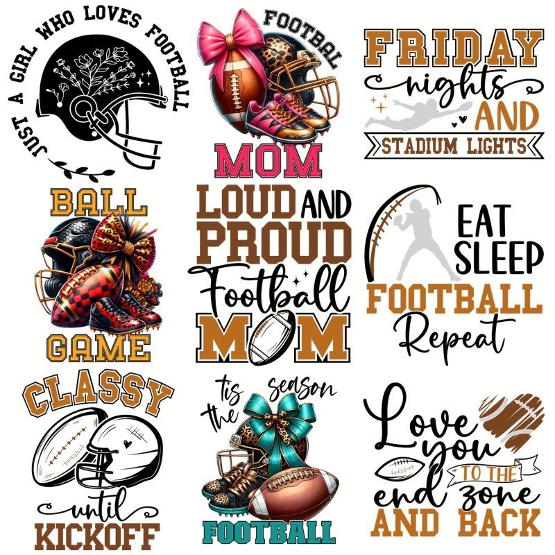 9 Pieces Football Theme DIY Heat Transfer Stickers Hot Iron On Washable Patches for T - Shirt Jeans Backpack Hat Pillow Casual Style Easy Ironing Decor
