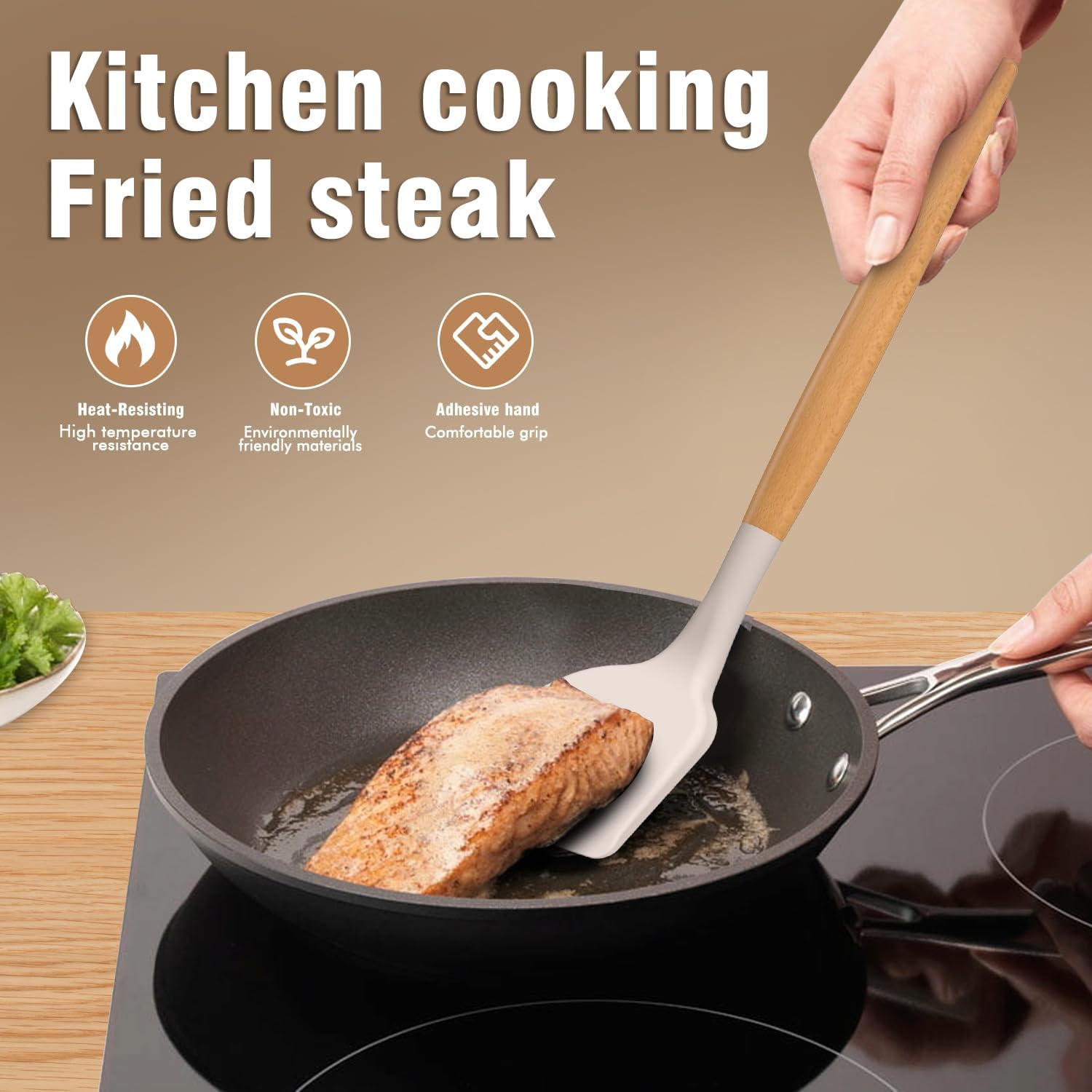 Cooking Utensils Set -   Kitchen Utensils for Cooking Wooden Handles, 446°F Heat Resistant Kitchen Utensil Spatula Sets w Holder, Gadgets for Non-Stick Cookware  (Khaki)