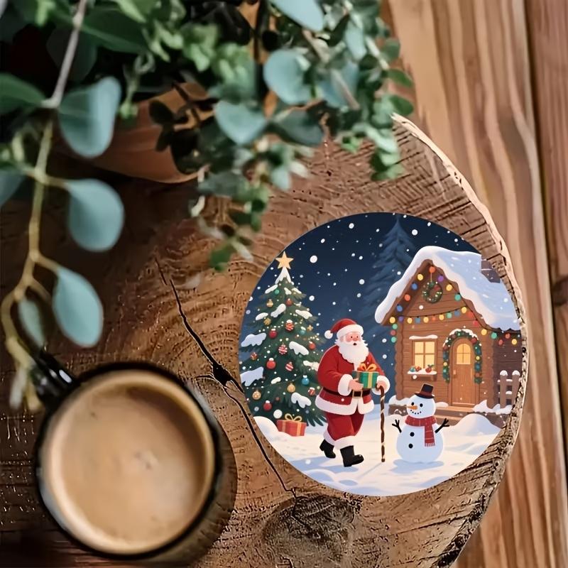 6-piece charming round wooden coasters - Christmas snowmen, heat-resistant and non-slip drink pads, suitable for home and restaurant table decoration, perfect housewarming gift