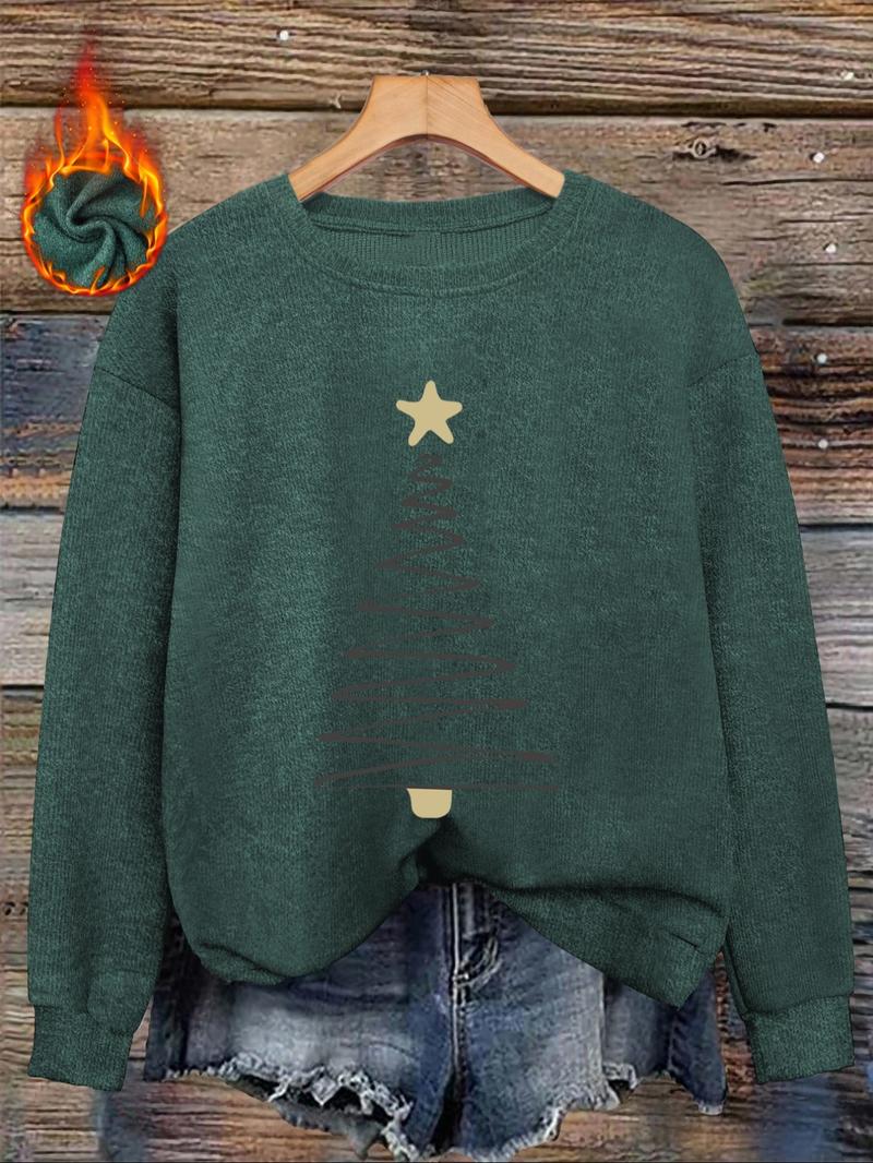 [Autumn and Winter] Women's casual and fashionable round neck faux sweater tops, women's Halloween round neck faux sweater tops, Christmas line Christmas tree print comfortable round neck faux sweater tops