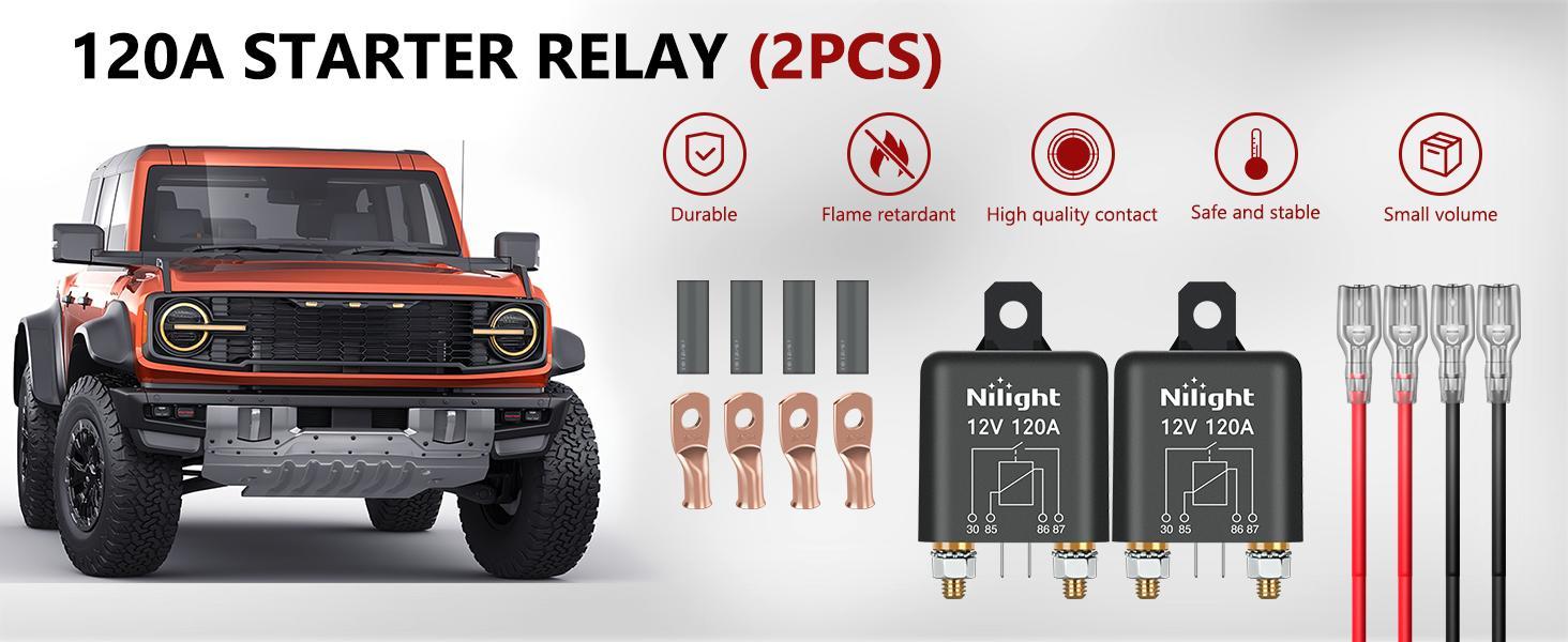 Nilight 2 Piece Heavy Duty Starter Relay Set Pack - 4-Pin SPST 12-14V DC 120A Current Switch for Automotive Users, 4-Terminal Control with Copper Cores Wire Lugs (Cars, Trucks)