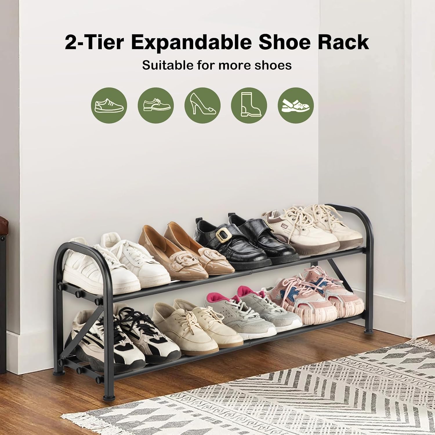 2-Tier Shoe Rack for Closet, 16"-32" Expandable Shoe Rack, Adjustable for Entryway Closet Doorway Sturdy Metal, Black