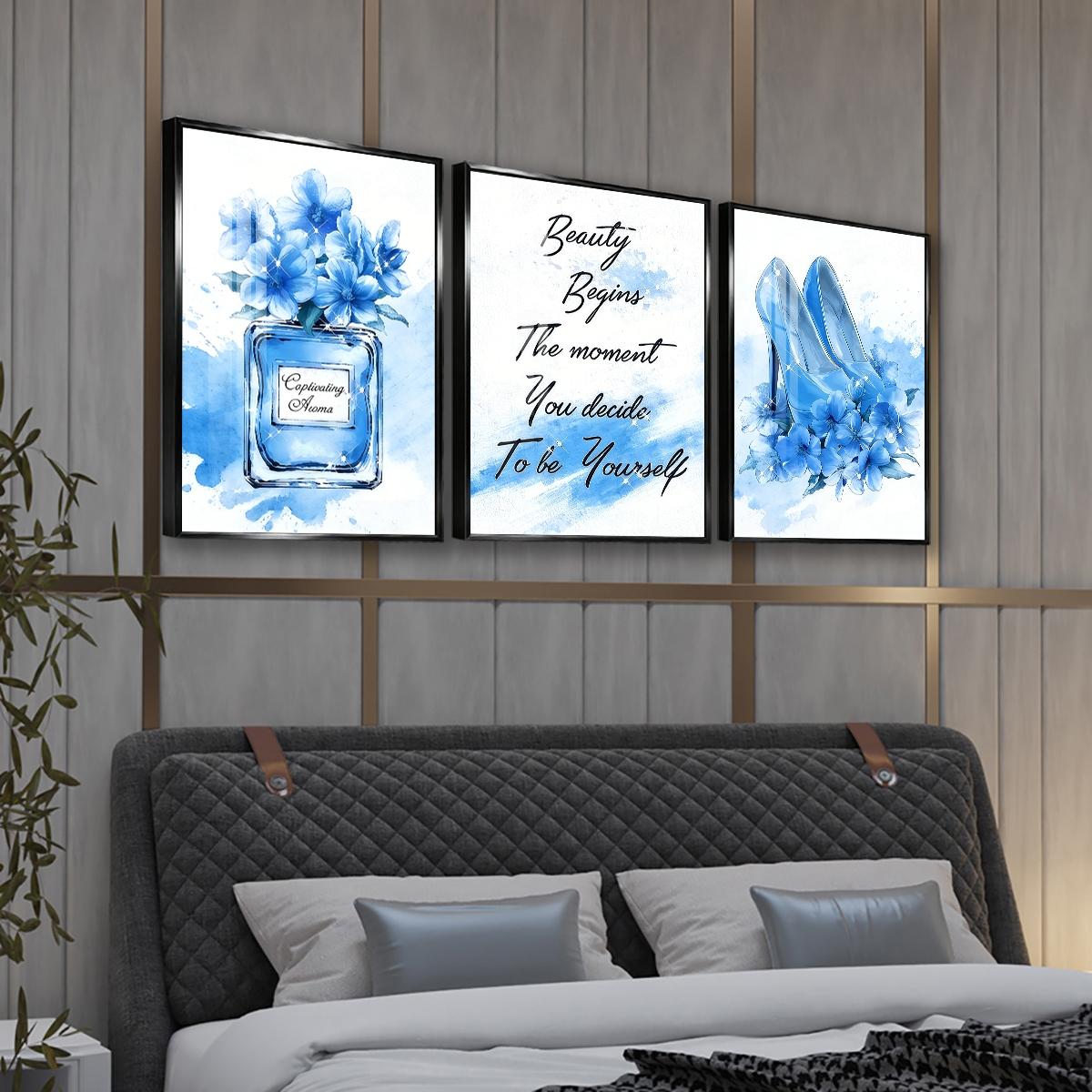 3 Counts Aluminum Alloy Framed Painting, Blue High Heels Perfume And Flowers Illustration, Home Decoration For Living Room, Bedroom, Office, Restaurant, Hallway Wall Decor, Odorless Print Artwork, Luxury Perfect Gift For Friends And Family