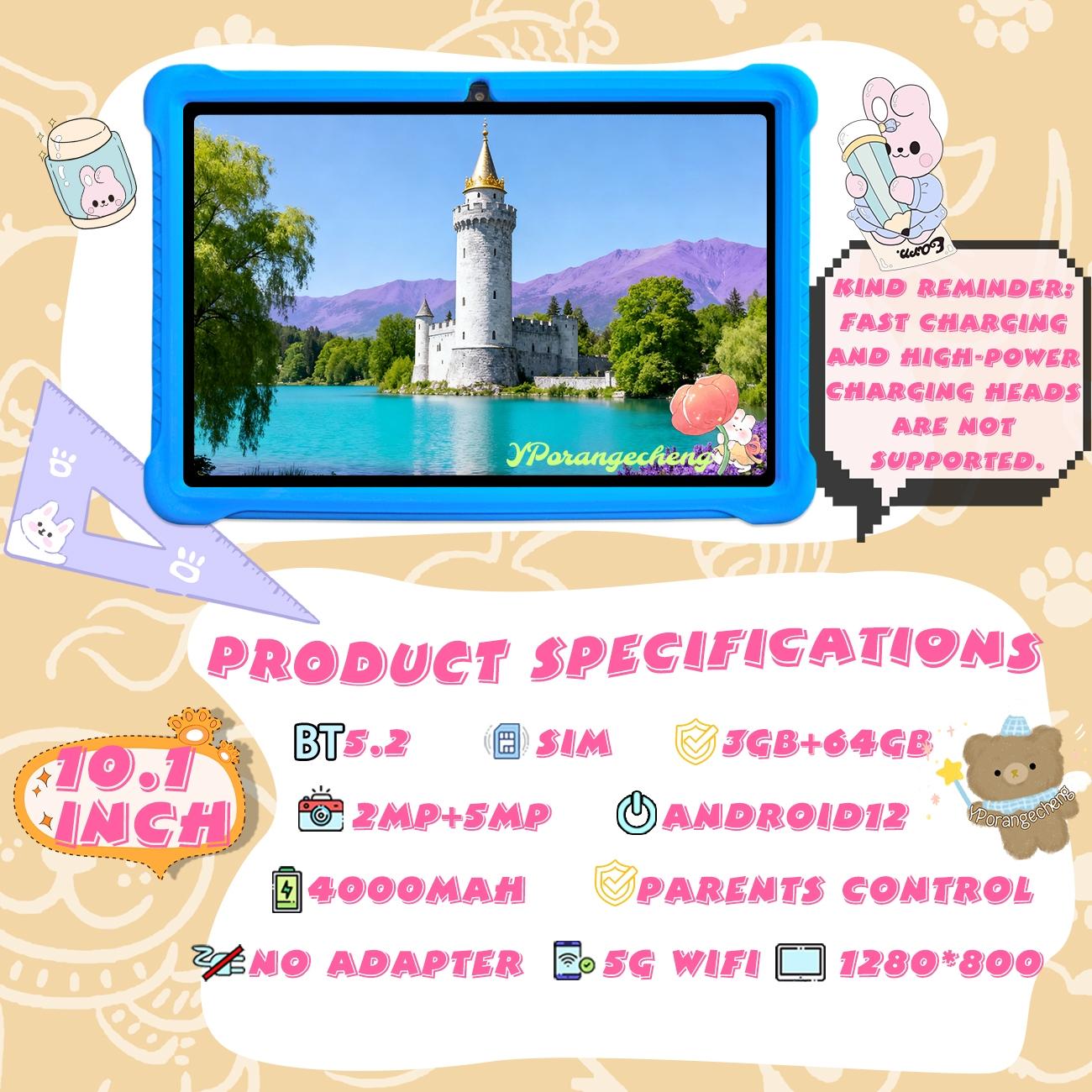 10.1 Inch Android Tablet PC Student Tablets Dual Camera Shockproof Case Student Use Parental Control Educational Features Perfect Christmas Gift