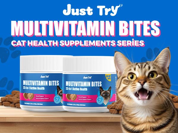 Just Try All-in-One Cat Vitamin Bites for Overall Health Support - Cat Multivitamin with Taurine, L Lysine, Fish Oil for Immune, Heart, Vision & Skin Health - Delicious Soft Chews for Indoor Cats & Kittens