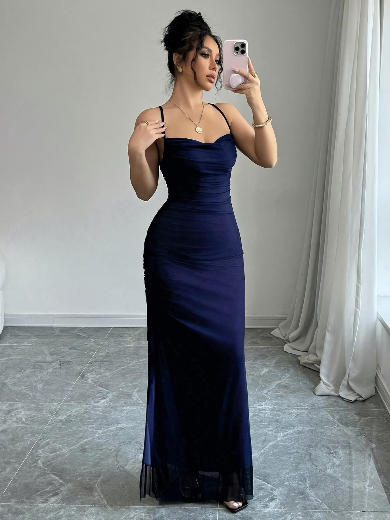 Women's Mesh Patchwork Cross Back Sleeveless Maxi Long Dress, Spring Summer New, Sexy Fit Style, Perfect for Formal Dates, Evening and Sister Gatherings, Womenswear