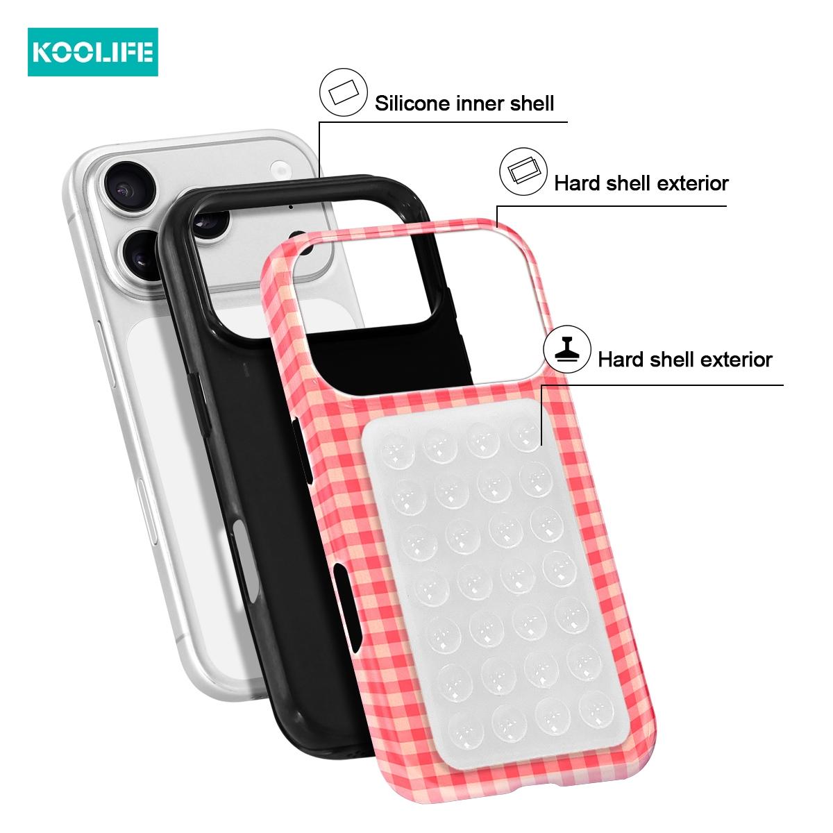 KOOLIFE 2pcs Set Pink White Gingham Pattern Case + Double Sided Silicone Suction Cup Stand Shockproof Glossy Hard Shell TPU Bumper Cute Aesthetic Phone Cover for iPhone 17 16 15 14 13 12 11 Pro Max Plus XR XS X Farmhouse Style Gift for Women Girls