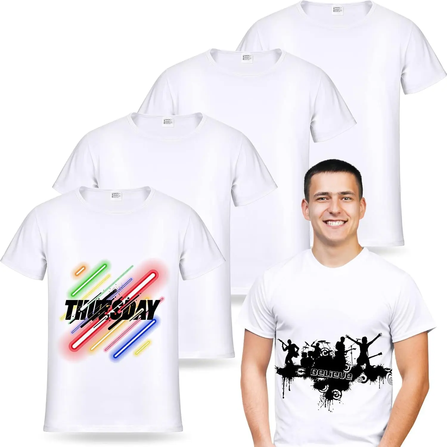 5 Pack Unisex Sublimation Blank Polyester T-Shirts White Crew Neck Short Sleeve for Men Women Adults KidsGift