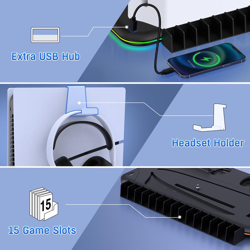 ESYWEN PS5 Cooling Stand Compatible with PS5 Disc & Digital  Upgrad Cooling Fan for PS5 Console with Dual Controller Charging Dock For PS5 Accessories