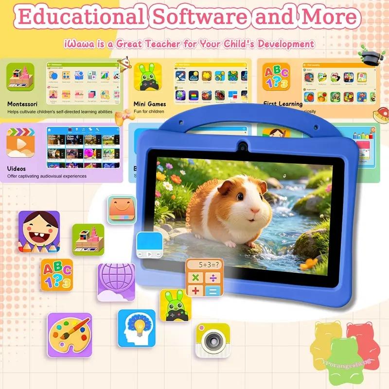 New 7-inch kids' tablet Learning Tablet with Android 13, 1GB RAM and 16GB ROM, WiFi support, comes with a shockproof silicone case and cute dinosaur design. Parents can control the educational apps. Dual cameras, perfect Children's Day gift for kids.