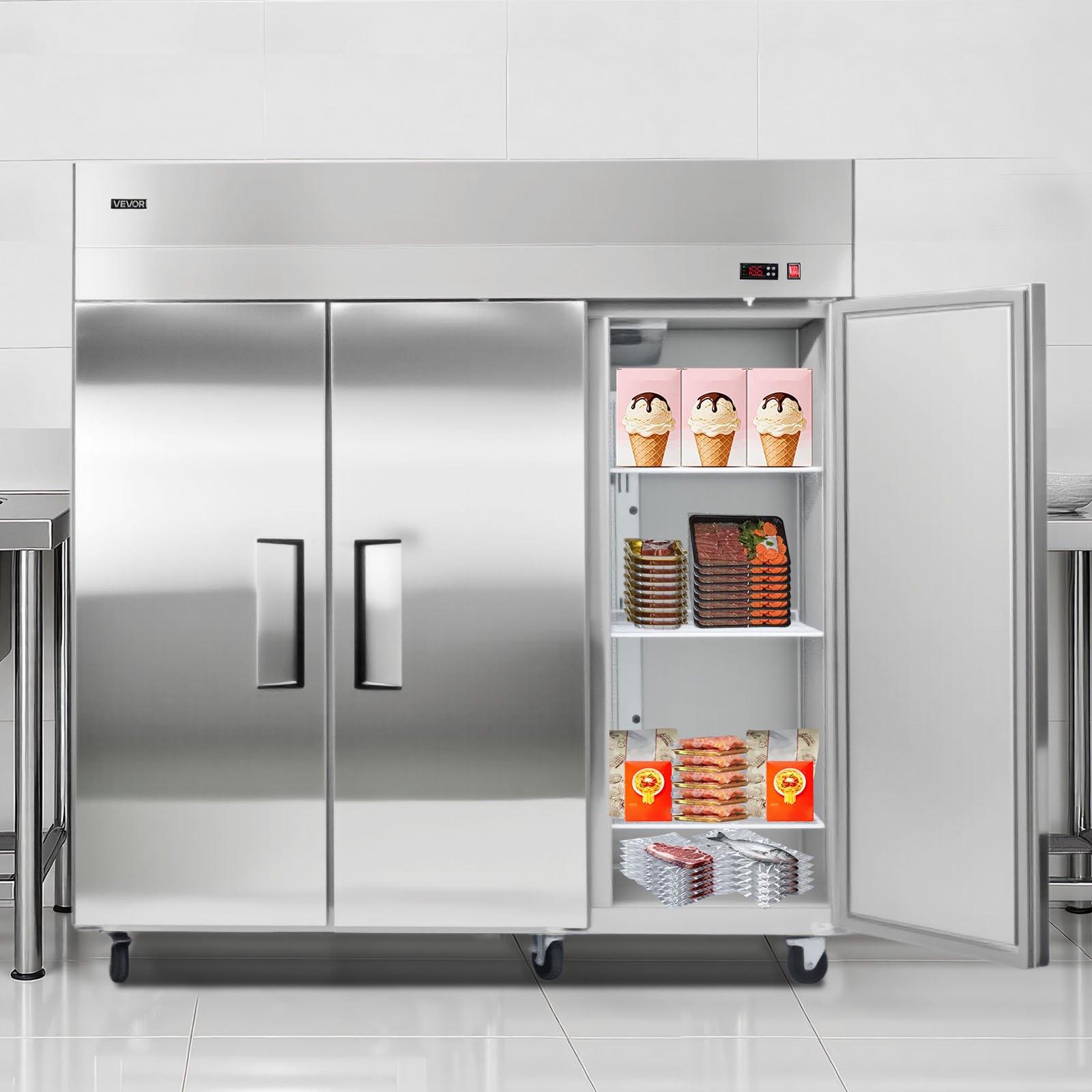 VEVOR Commercial Freezer, 71.65 in Width Reach In Upright-Freezer Three Door, 50.2 Cu. ft Auto-Defrost Stainless Steel Freezer with 12 Adjustable Shelves, -11 to 14 Temp Control, LED Light, 4 Wheels