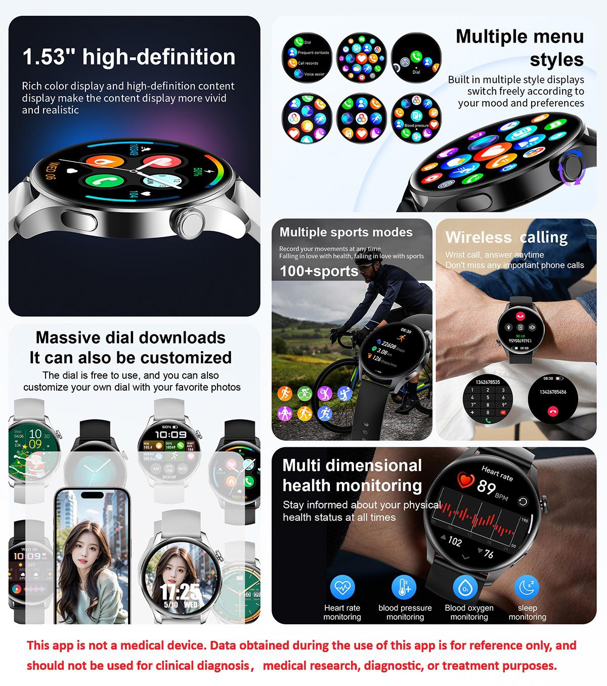 High-value smart watch, 1.53-inch touchscreen with wireless calling, over 100 sports modes and watch faces, AI voice assistant, compatible with Android and iPhone watches, fitness watch wearable device, ceramic resin strap waterproof watch.
