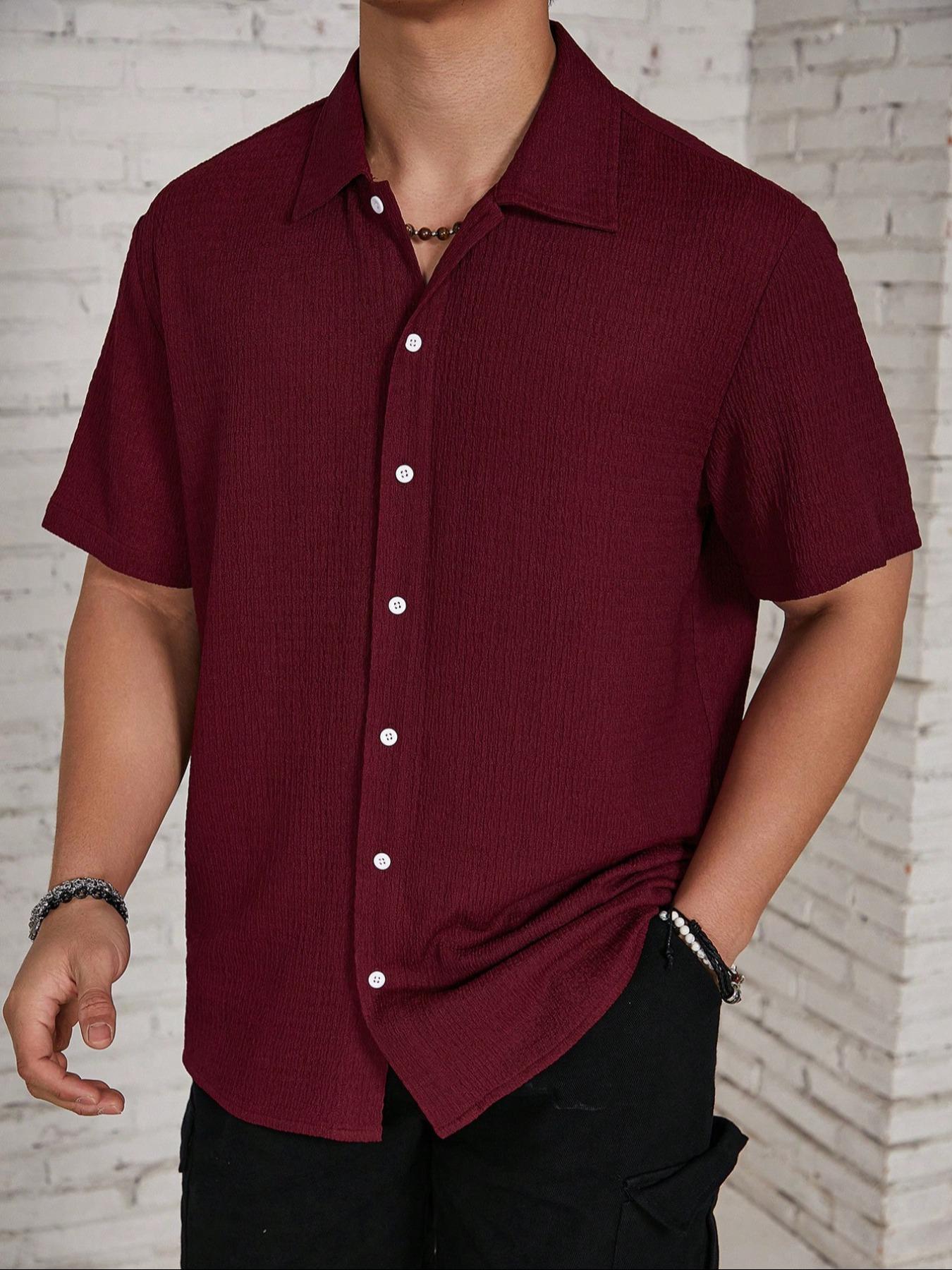 Men's Textured Button Front Shirt, Casual Regular Fit Short Sleeve Collared Top for Summer, Summer Leisure Top 2024, National Day Clothing, Men's Clothes for Daily Wear, Menswear