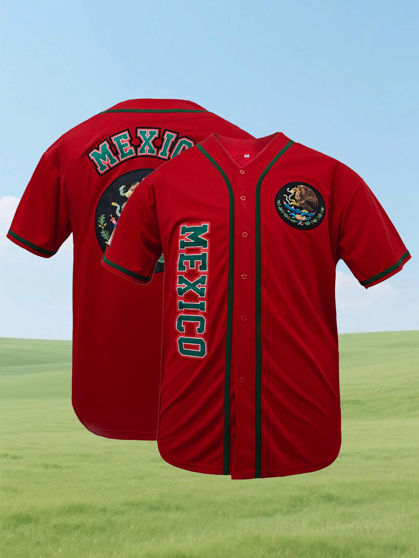 Men's Mexico Embroidery Baseball Jersey, Eagle Mexico Baseball Button Down Baseball Shirts, Mexican Flag Sports Shirt Unisex Style All Seasons