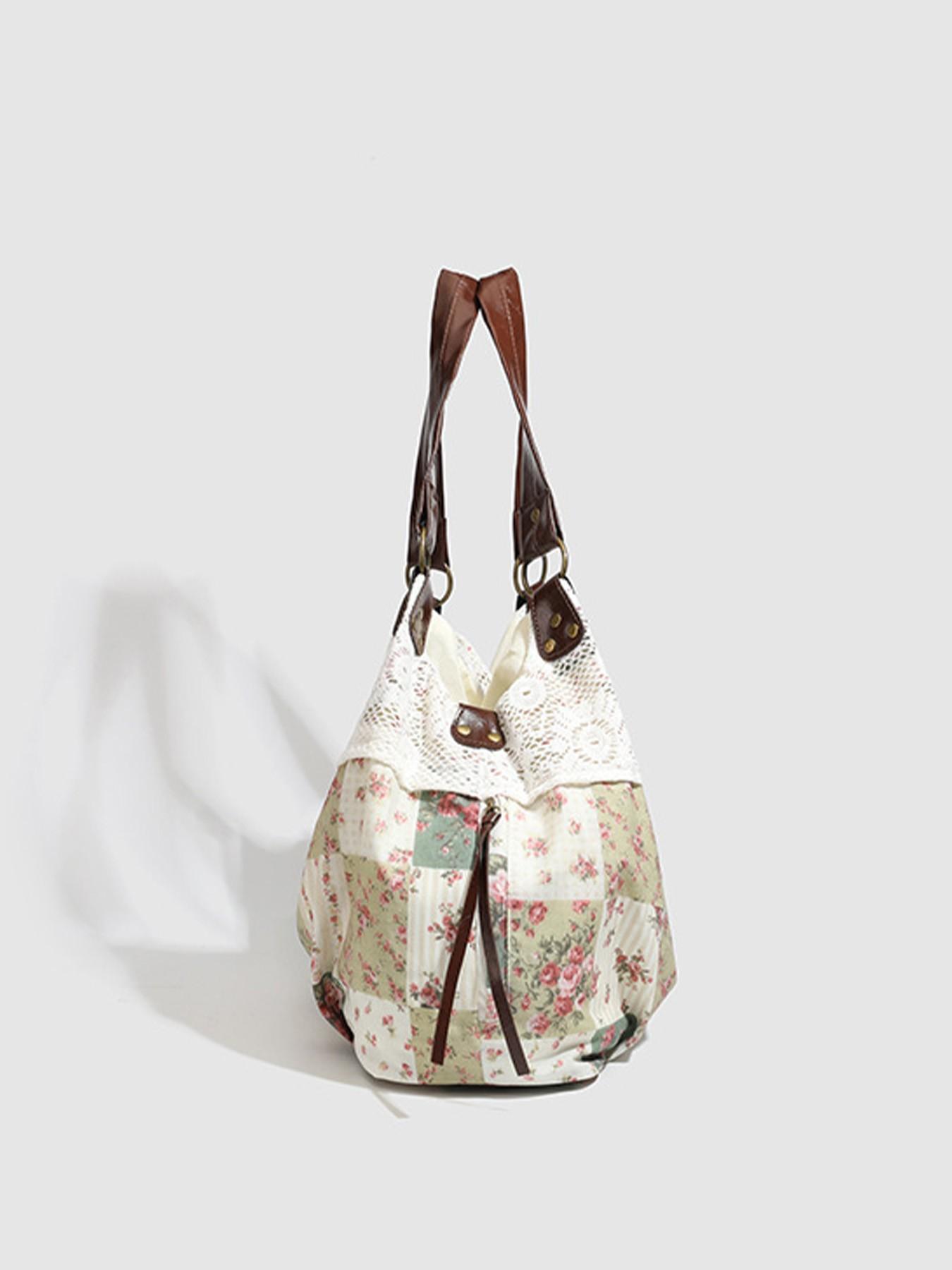 Women's Vintage Floral Patch Lace Patchwork Underarm Tote Bag, Faux Leather Large-Capacity Retro Purse for Commute, Shopping, Ideal Holiday Gift for Ladies, Daily Use