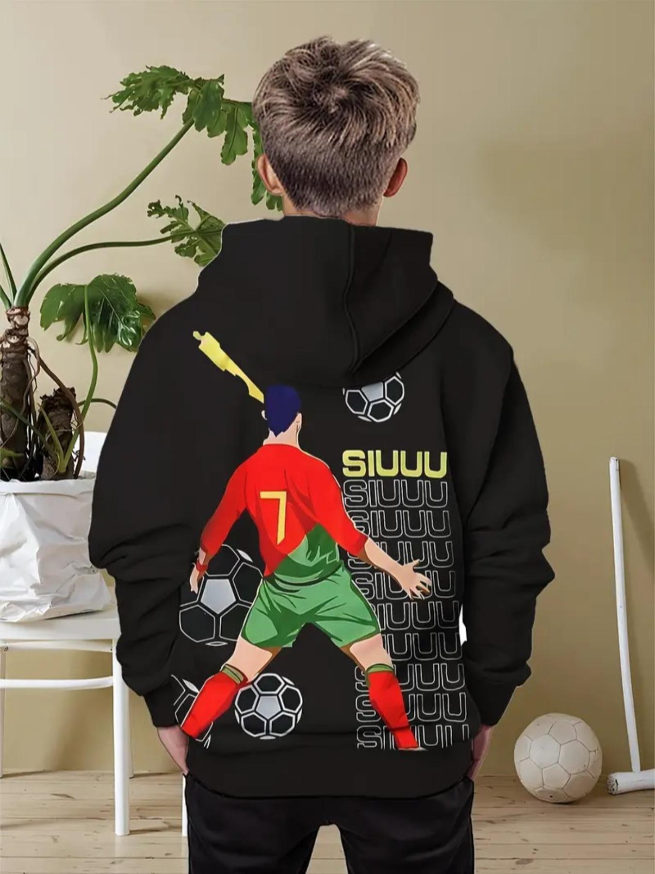 Boys' Football Fan Hoodie with Player Graphic, Casual Sporty Style, Fitted Polyester Fabric, Fall & Winter Wear, Graphic Team Hoodie