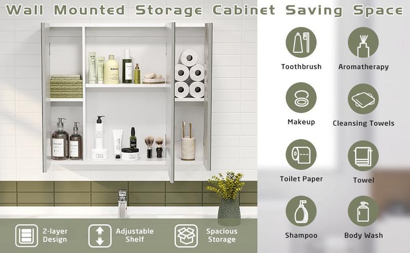 Sikaic Medicine Cabinet with 3 Doors Mirror 3-Adjustable Shelves Storage Organizer White Cupboard Organization Organizing Wood