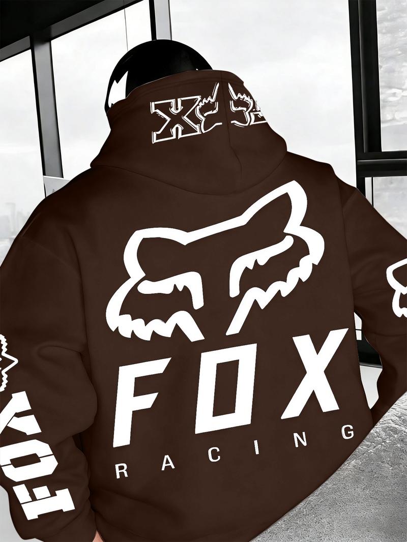1 Piece Men‘s Fox Racing Graphic Hoodie, Bold Red and White Logo Print, Streetwear Style for Casual Daily Wear and Outdoor