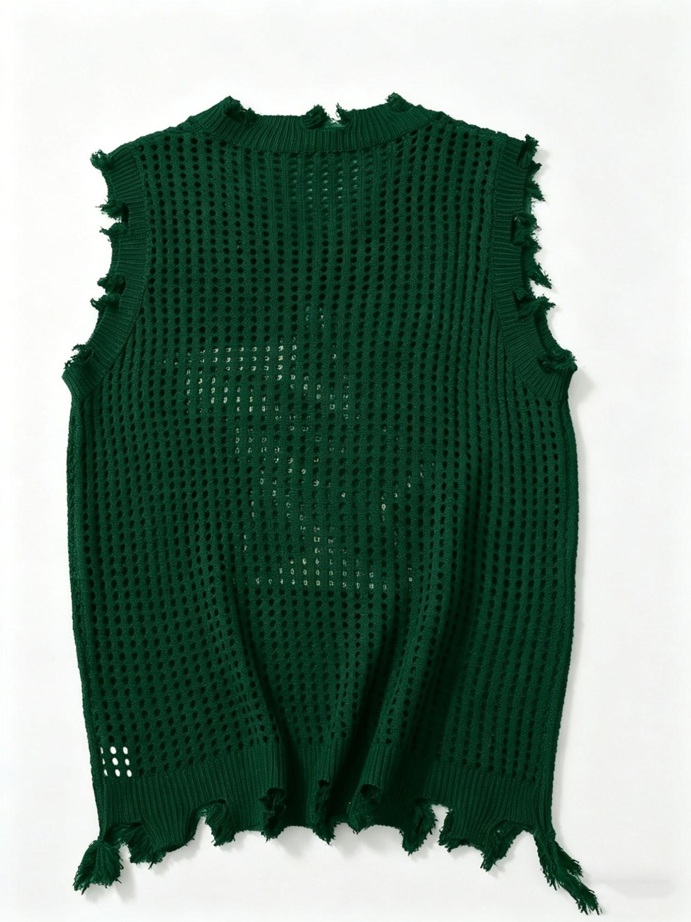 Men's Summer Trendy Knit Hollow Out Vest, Pentagram Pattern V-Neck Ripped Design, Casual Fitted Daily Wear, Perfect for Everyday Use