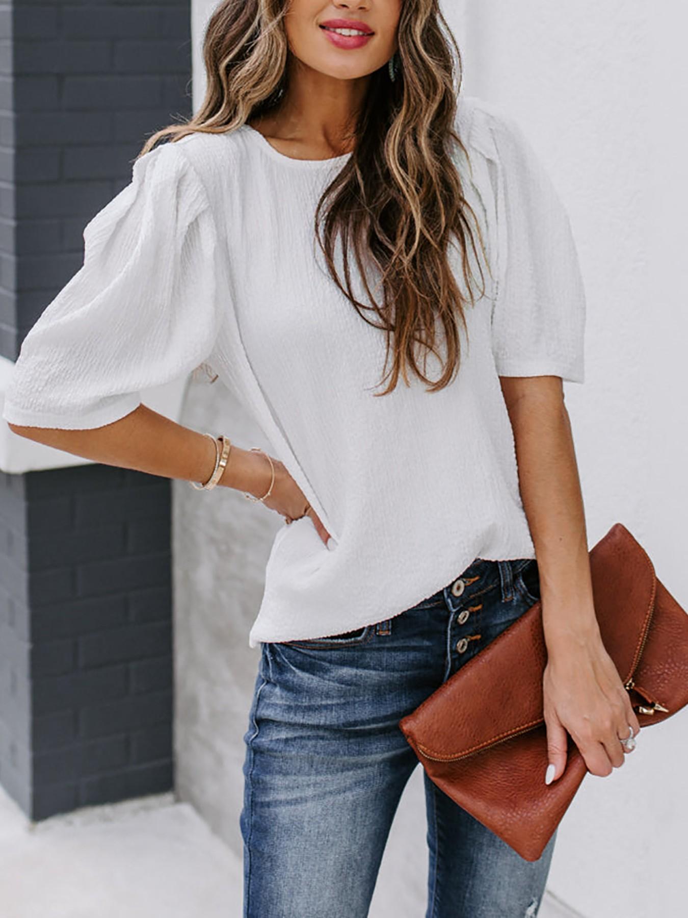 French Bubble Sleeve Solid Color T-Shirt for Women, Summer Simple Round Neck Short Sleeve Top, European and American Style Casual Basic Shirt