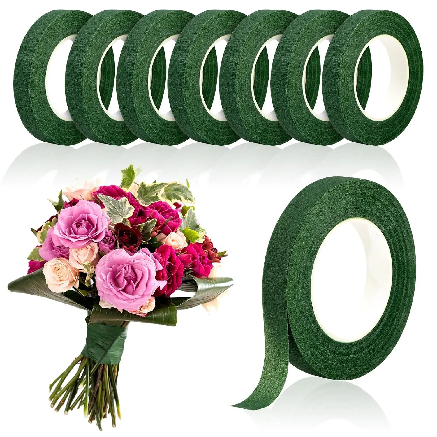 8 Rolls 1/2" Wide Dark Green Floral Tape, Adhesive Florist Tape for Fresh Flowers, Floral Crafts, Bouquet Stem Wrapping, Floral Arranging, Wedding Bouquet, 30 Yard