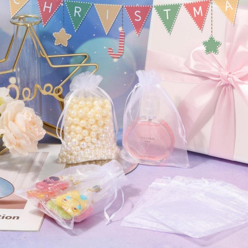 50pcs Transparent Gift Bags with Drawstring, High-Quality Organza Candy Bags, Wedding Decorations, Jewelry Packaging, Christmas Party Supplies, Gift Wrapping Supplies