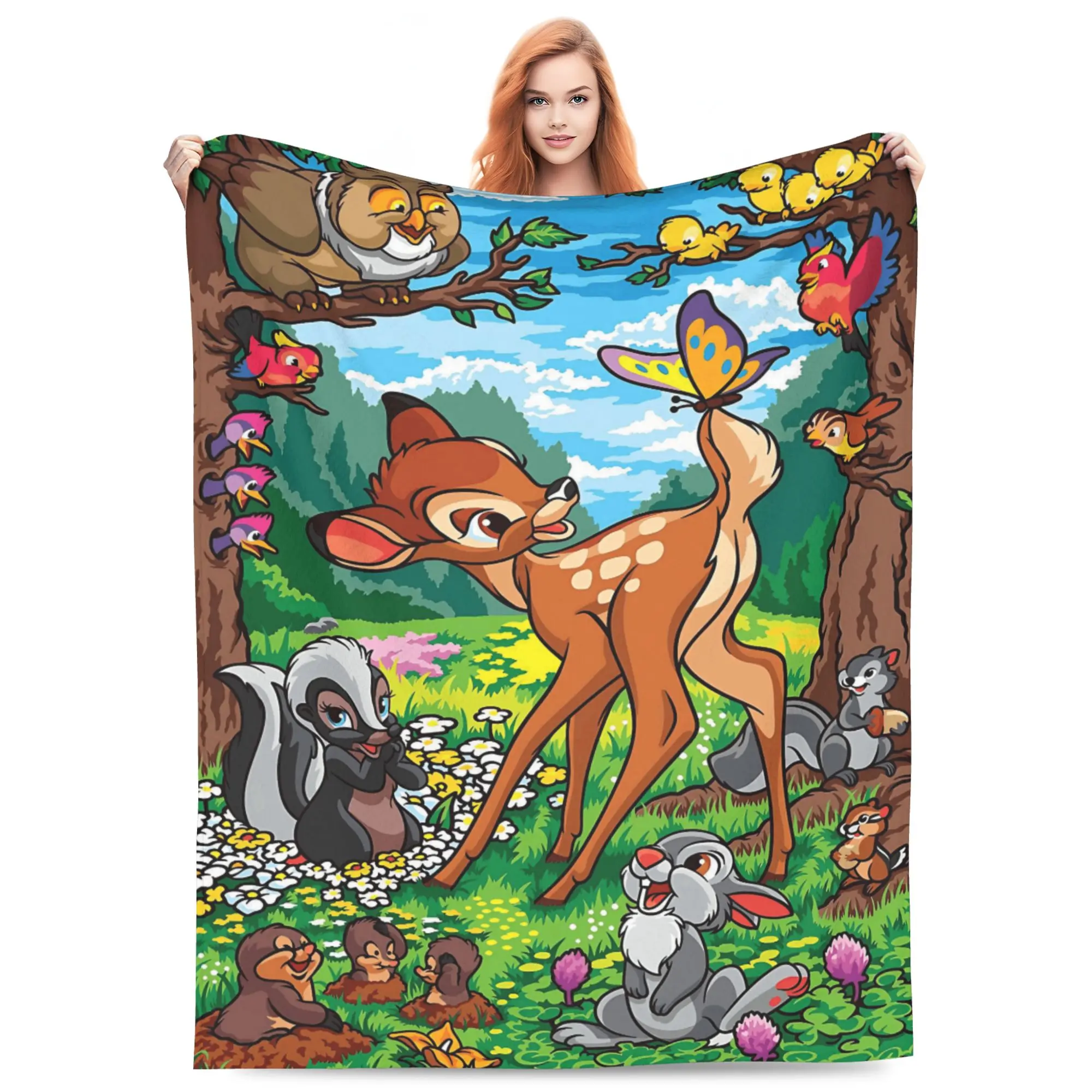 Disney Classic Bambi Forest Animal Friends Flannel Throw Blanket, Cute Deer Skunk Rabbit Bird Print Soft Lightweight Cozy Blanket for Sofa Bed Kids Cartoon‑lover Gift