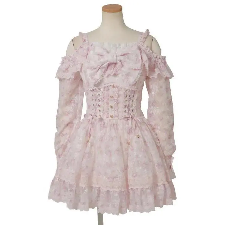 Japanese kawaiiSweet lolita Mini Dress Women's Long Sleeve Off Shoulder Lace Printed Dress Jirai Kei Harajuku Subculture Clothes