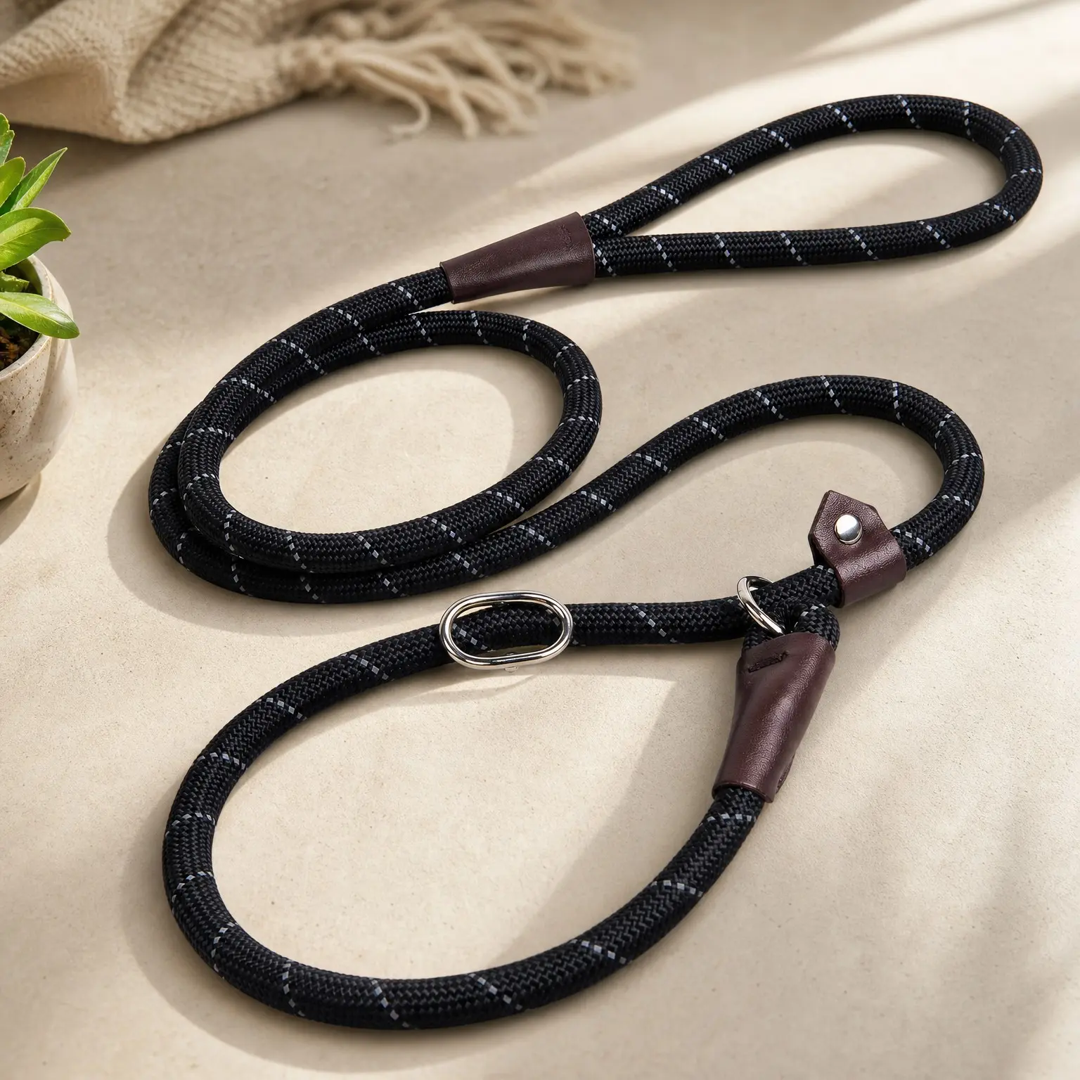 Durable Heavy Duty Rope Slip Lead Dog Leash for Large Medium Dogs, 6 FT x 1/2", Black, No Pull Training Leash, Highly Reflective for Night Safety, Comfortable Pet Loop LeashGift