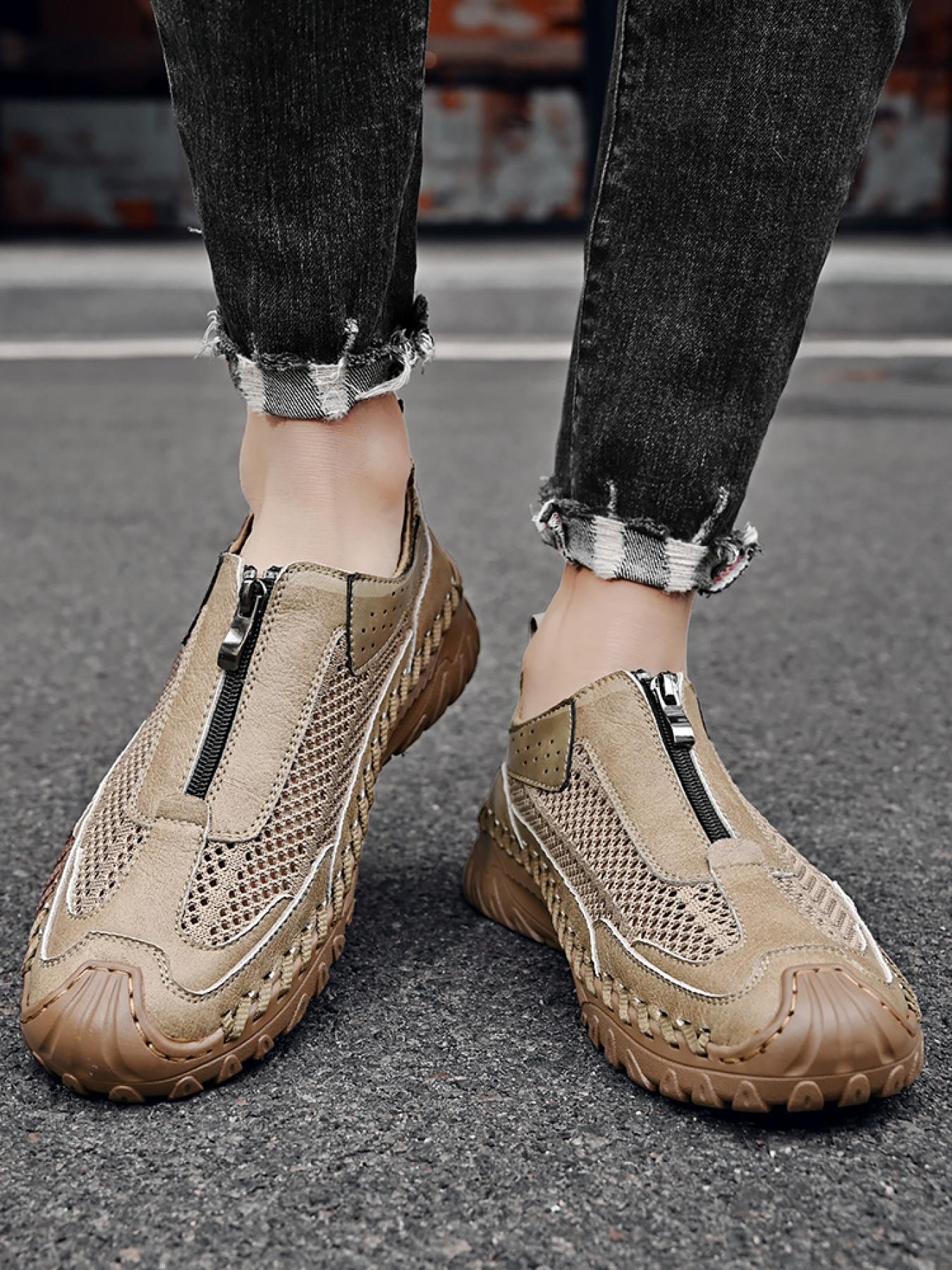 Men's Solid Color Mesh Zipper Toe Casual Shoes, Soft Sole, Non-Slip, Hand-Stitched, Breathable Slip-On Lazy Dad Shoes